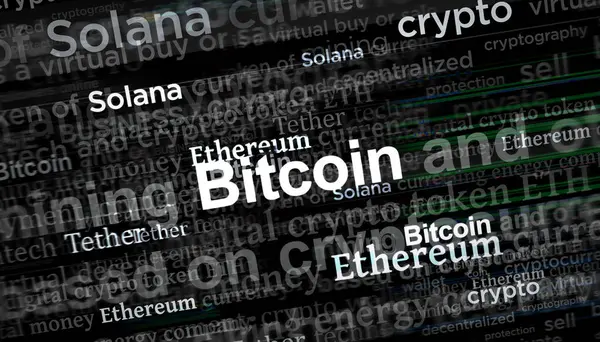 Cryptocurrency Bitcoin Solana Ethereum Tether Crypto Dalam Bahasa Inggris Berita Stok Foto