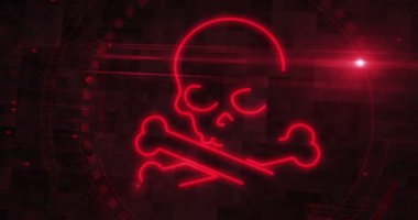 Siber saldırı korsanlığı ve kafatası sembolü dijital konseptle güvenlik ihlali. Siber teknoloji ve bilgisayar arkaplanı 3 boyutlu. Kusursuz ve döngüsüz.