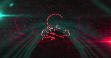 Siber saldırı korsanlığı ve kafatası sembolü soyut dijital konsept ile güvenlik ihlali. Siber teknoloji ve bilgisayar arkaplan çizgisi kusursuz ve döngülü animasyon.