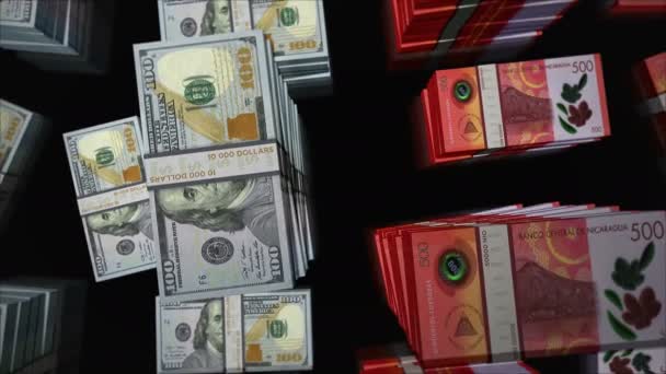 Американский Доллар Никарагуа Деньги Никарагуанских Cordobas Обмен Валюты Бумажные Банкноты — стоковое видео