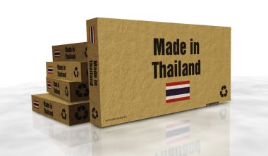 Tayland yapımı kutu üretim hattı. Üretim ve teslimat. Ürün fabrikası, ithalat ve ihracat. Soyut konsept 3d illüstrasyon.