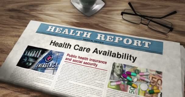 提供医疗保健和公共保险的日报放在桌上 头条新闻摘要概念3D — 图库视频影像