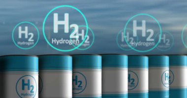 Hidrojen sıfır emisyon varilleri düzgün ve geri dönüşümsüz bir konsept içinde yakıt varilleri. Sürdürülebilir enerji temiz mavi teknoloji endüstriyel konteynırlar.