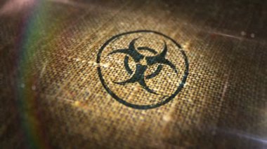 Doğal keten çuvalında biyolojik tehlike uyarısı damgası. Biyolojik tehlike sembolü 3 boyutlu tasarım soyut kavram. Döngüsüz ve kusursuz animasyon.