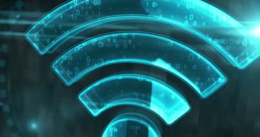 WiFi kablosuz mobil bağlantı ve internet yardım noktası dijital konsepti. Siber teknoloji ve bilgisayar arkaplanı 3 boyutlu. Kusursuz ve döngüsüz.