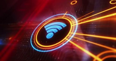 WiFi kablosuz mobil bağlantı ve internet yardım noktası dijital konsepti. Siber teknoloji ve bilgisayar ağı arkaplanı soyut 3d canlandırması.