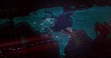 Dünya haritasında kablosuz mobil bağlantı ve internet servis noktası sembolleri var. Kusursuz döngülü teknoloji kavramı.