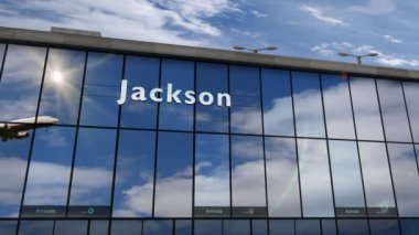 Jackson, Missisipi, USA 3D 'ye uçak iniyor. Cam havaalanı terminali ve jet uçağının yansımasıyla şehre vardık. Seyahat, iş, turizm ve ulaşım 3D konsepti.