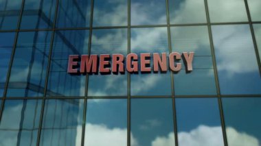Acil servis kliniği cam bina konsepti. Ön cephede sağlık yardımı sembolü 3D.