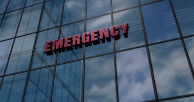 Acil servis kliniği cam bina konsepti. Ön cephede sağlık yardımı sembolü 3D.