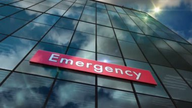 Acil servis kliniği cam binası zaman aşımı konsepti. 3D pürüzsüz dış cephede sağlık yardımı sembolü.