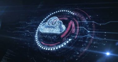 Karbondioksit nötr emisyonu sıfıra indirir ve eko dostu dijital sembol konsepti. Siber teknoloji ve bilgisayar arkaplanı soyut 3D animasyon. Kusursuz ve döngüsüz.