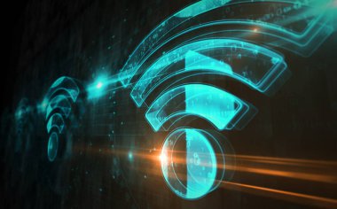 WiFi kablosuz mobil bağlantı ve internet yardım noktası dijital konsepti. Ağ, siber teknoloji işareti ve bilgisayar arkaplan soyut 3d resimleme.