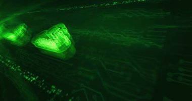 Karbondioksit nötr emisyon sıfır ve çevre dostu hologram sembolü elektronik devre arka planında görünüyor. Ağ, siber teknoloji ve bilgisayar soyut kavramı.