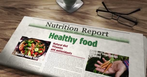 Egészséges Ételek Természetes Étrend Napilap Asztalon Legfrissebb Hírek Absztrakt Koncepció — Stock videók
