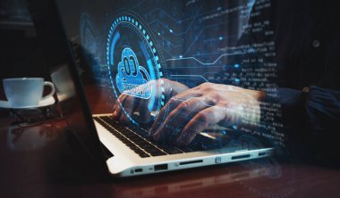 CO2 nötr emisyon kaybı, çevre dostu sembol ve klavye yazan adam. Eller dizüstü bilgisayarda. Ağ, siber teknoloji ve özet kavram.