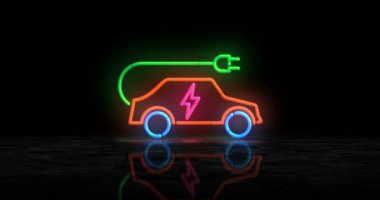 Elektrikli araba parlayan neon sembolünü şarj ediyor. Renkli ampuller. Çevre taşımacılığı soyut kavramı 3 boyutlu animasyon.