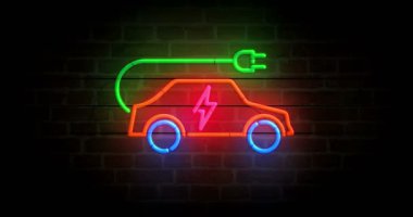 Elektrikli araba, tuğla duvara neon rengi bir sembol yüklüyor. Çevre taşımacılığı ampulleri. Döngüsüz ve kusursuz soyut konsept animasyonu.