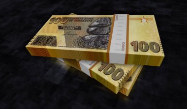 Zimbabwe parası Zimbabve doları. Para 3D resim paketi. 100 ZWL 'lik banknot destesi. Maliye, nakit, ekonomi krizi, iş başarısı, durgunluk, banka, vergi ve borç kavramı.