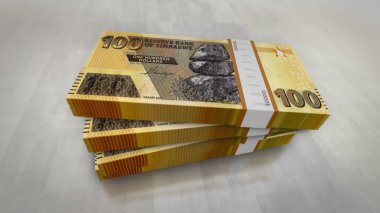 Zimbabwe parası Zimbabve doları. Para 3D resim paketi. 100 ZWL 'lik banknot destesi. Maliye, nakit, ekonomi krizi, iş başarısı, durgunluk, banka, vergi ve borç kavramı.