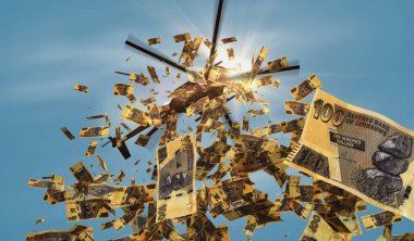 Zimbabwe dolar banknotları helikopter parası düşüyor. Zimbabwean ZWL 100 soyut 3d enflasyon, para basma ve niceliksel kolaylaştırma illüstrasyonu kavramı.