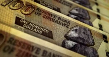 Zimbabwe parası Zimbabve dolar banknot döngüsü. ZWL 100 para dokusu. Ekonomi, iş, kriz, bankacılık, durgunluk, borç ve finans kavramı. Dikdörtgen 3D nota üzerinde hareket.