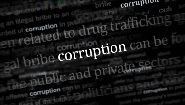 Rüşvet yolsuzluğu ve uluslararası medyada manşet haberi. Gürültü gösterilerinde haber başlıklarının soyut konsepti. TV arızası etkisi 3d illüstrasyon.