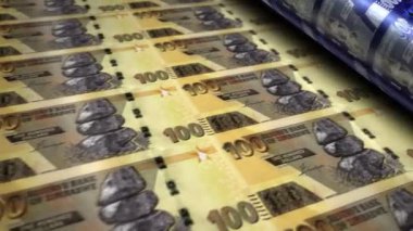 Zimbabwe parası Zimbabve doları para basma makinesi döngüsü. Kağıt ZWL 100 banknot baskısı 3D döngü kusursuz. Soyut bankacılık, finans, ekonomi ve kriz kavramı.