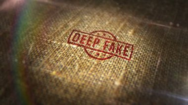 Doğal keten çuvalında sahte işaret damgası. Sahte haber ai manipülasyon sembolü 3 boyutlu tasarım soyut kavram. Döngüsüz ve kusursuz animasyon.