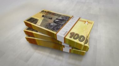 Zimbabwe parası Zimbabve dolar yığını. Ekonomi, bankacılık, iş, kriz, durgunluk, borç ve finans konularının kavramı. ZWL 100 banknot destesi 3D.