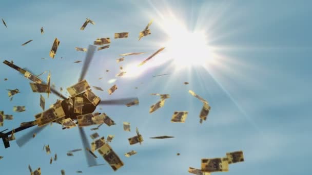 ジンバブエのお金ジンバブエのドル紙幣はヘリコプターの資金が下がります Zwl 100は インフレ マネープリンティング 量的緩和の抽象的な3D概念に注目しています — ストック動画