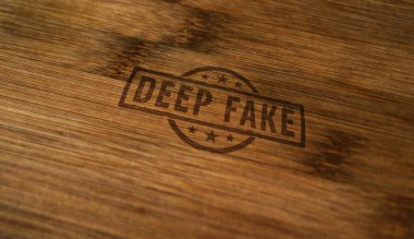 Deep fake hoax stamp printed on wooden box. Fake news ai manipulation symbol concept. clipart