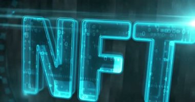 NFT karşılanamayan kripto sanat eseri yatırım sembolü dijital konsept. Siber teknoloji ve bilgisayar arkaplanı 3 boyutlu. Kusursuz ve döngüsüz.