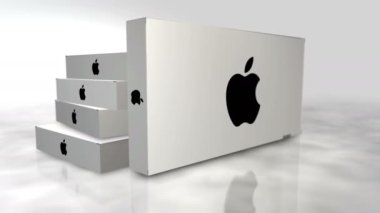 Poznan, Polonya, 27 Mart 2024: Apple ürün kutusu. Teknoloji şirketi. Karton paket soyut konsept animasyonu. Kamera hareket ederken 3 boyutlu görüntü.