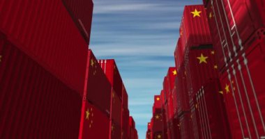 Çin kargo konteynırlarını kusursuz ve geri dönüşümlü iş konseptiyle ihraç edip ihraç ediyor. Çin bayrağı endüstriyel nakliye kutusu 3D döngü.