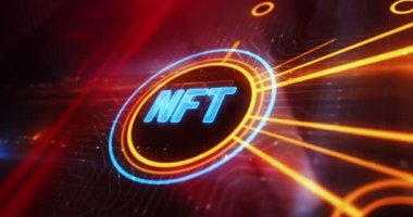 NFT karşılanamayan kripto sanat eseri yatırım sembolü dijital konsept. Siber teknoloji ve bilgisayar ağı arkaplanı soyut 3d canlandırması.