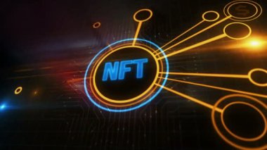NFT karşılanamayan kripto sanat eseri yatırım sembolü dijital konsept. Siber teknoloji ve bilgisayar ağı arkaplanı soyut 3d canlandırması.