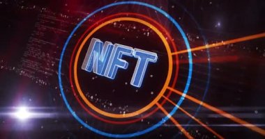 NFT karşılanamayan kripto sanat eseri yatırım sembolü dijital konsept. Siber teknoloji ve bilgisayar ağı arkaplanı soyut 3d canlandırması.