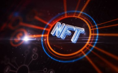 NFT karşılanamayan kripto sanat eseri yatırım sembolü dijital konsept. Ağ, siber teknoloji işareti ve bilgisayar arkaplan soyut 3d resimleme.