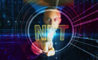 NFT 'nin finanse edilemeyen kripto sanat eseri dijital soyut üç boyutlu yatırım sembolü. Parmak dokunuşu ekranı. Siber teknoloji ve ağ geçmişi. Adam bilgisayar ekranını itiyor.