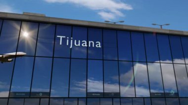 Tijuana, Meksika 'ya 3 boyutlu bir uçak iniyor. Cam havaalanı terminali ve jet uçağının yansımasıyla şehre vardık. Seyahat, iş, turizm ve ulaşım 3D konsepti.