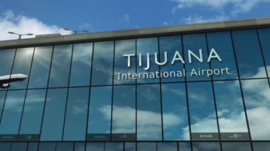 Tijuana, Meksika 'ya 3 boyutlu bir uçak iniyor. Cam havaalanı terminali ve jet uçağının yansımasıyla şehre vardık. Seyahat, iş, turizm ve ulaşım 3D konsepti.