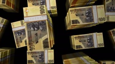Zimbabwe parası Zimbabve dolarları para döngüsü. ZWL üzerinde 3D uçuş. 100 banknot kuleler. Döngüsüz, soyut iş dünyası, ekonomi krizi ve finans kavramı.