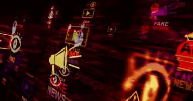 Sahte haber aldatmacası ve yanlış bilgilendirme sembolü teknoloji döngüsü kavramı. Arızalı ekranlardaki soyut imza pürüzsüz ve döngülü.