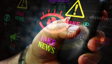 Fake news hoax and disinformation symbol mobile technology concept. Abstract sign on glitch screens in hand 3d illustration. clipart