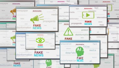 Fake news hoax and disinformation symbol technology concept. Abstract sign on glitch screens 3d illustration. clipart