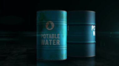 İçilebilir su, H2O varil konsepti. Endüstriyel metal kaplar için taze temiz su..