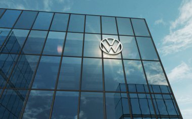 Wolfsburg, Almanya, 2 Nisan 2024: Volkswagen araba üreticisi genel merkez cam bina konsepti. Ön cephedeki 3D illüstrasyonda otomobil üreticisi şirket logosu.