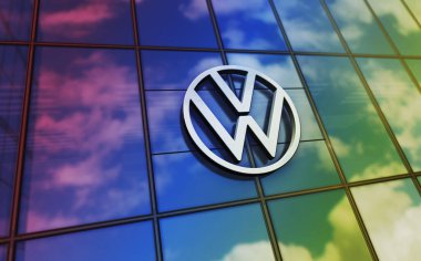 Wolfsburg, Almanya, 2 Nisan 2024: Volkswagen araba üreticisi genel merkez cam bina konsepti. Ön cephedeki 3D illüstrasyonda otomobil üreticisi şirket logosu.