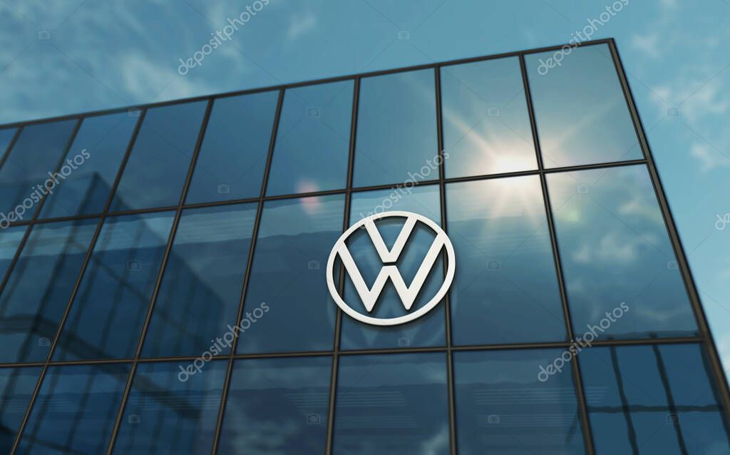 Wolfsburg, Germany, April 2, 2024: Volkswagen car producer headquarters glass building concept. Automobile manufacturer company symbol logo on front facade 3d illustration.